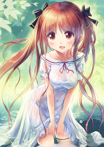 Anime picture 2121x3000 with original moe2020 kankurou single long hair tall image blush highres breasts open mouth light erotic brown hair large breasts twintails brown eyes looking away :d partially submerged covered navel wet clothes