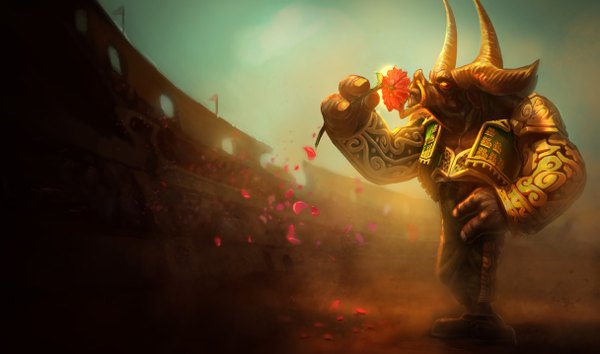 Anime picture 1215x717 with league of legends alistar (league of legends) single wide image yellow eyes horn (horns) flower (flowers) stadium bull
