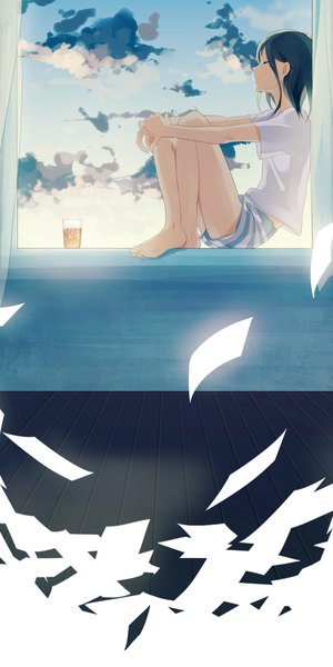 Anime picture 600x1200 with original achiki tall image short hair black hair sitting sky cloud (clouds) eyes closed barefoot bare legs girl shirt shorts drink paper glass