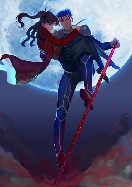 Anime picture 886x1253 with fate (series) fate/stay night type-moon toosaka rin cu chulainn (fate) cu chulainn (fate/stay night) nanaya (daaijianglin) long hair tall image looking at viewer short hair blue eyes red eyes brown hair twintails blue hair glowing glowing eye (eyes) carrying princess carry