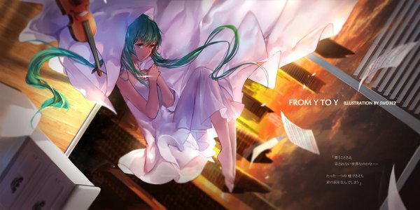 Anime picture 1913x957 with vocaloid hatsune miku swd3e2 single long hair highres wide image twintails looking away barefoot aqua eyes aqua hair inscription bare legs flying girl dress musical instrument paper violin