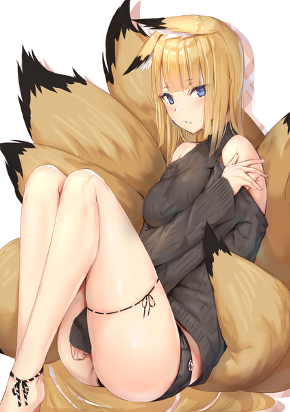 Anime picture 1058x1500 with original reinama single long hair tall image looking at viewer blush fringe breasts blue eyes light erotic simple background blonde hair white background sitting bare shoulders animal ears bent knee (knees) tail blunt bangs
