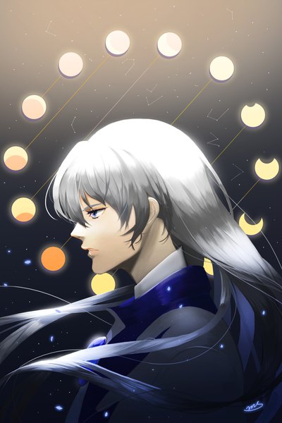 Anime picture 1200x1800 with card captor sakura clamp yue (cardcaptor sakura) haomiao shiji single long hair tall image fringe blue eyes hair between eyes silver hair upper body profile floating hair constellation boy star (stars) moon (symbol)