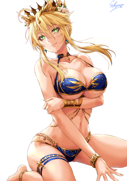 Anime picture 1000x1414 with fate (series) fate/grand order artoria pendragon (all) artoria pendragon (lancer) sakiyamama single tall image looking at viewer fringe short hair breasts light erotic simple background blonde hair hair between eyes large breasts white background sitting green eyes signed