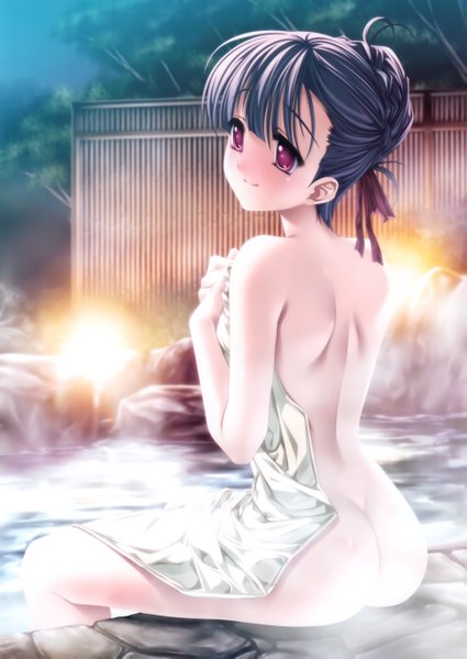 Anime picture 3874x5465 with like a butler mihoshi sarasa senomoto hisashi tall image highres light erotic black hair purple eyes absurdres from behind back covering nude cover girl towel onsen