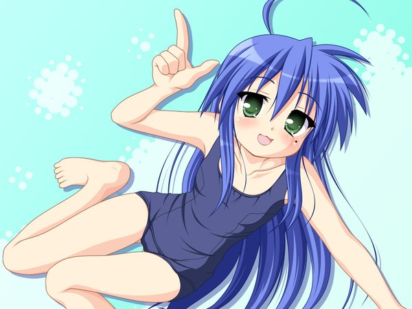 Anime picture 1600x1200 with lucky star kyoto animation izumi konata long hair open mouth blue hair mole mole under eye girl swimsuit one-piece swimsuit school swimsuit