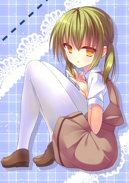 Anime picture 1414x2000 with original nametakenoko single long hair tall image looking at viewer twintails yellow eyes green hair girl dress pantyhose shoes
