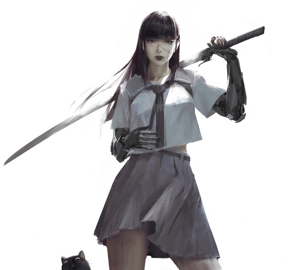 Anime picture 1920x1750 with original amama l single long hair looking at viewer fringe highres black hair simple background standing white background purple eyes holding lipstick scar weapon over shoulder mechanical arms black lipstick girl skirt