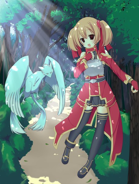 Anime picture 1240x1637 with sword art online a-1 pictures silica pina (sao) aoniwa kiyohisa tall image looking at viewer short hair open mouth blonde hair twintails brown eyes zettai ryouiki short twintails girl thighhighs skirt ribbon (ribbons) black thighhighs plant (plants)