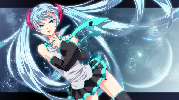 Anime picture 1920x1080 with vocaloid hatsune miku jyuru single long hair highres wide image twintails aqua eyes aqua hair girl thighhighs skirt detached sleeves miniskirt necktie