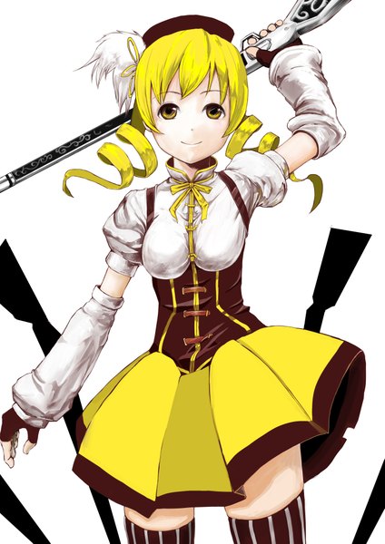 Anime picture 2894x4093 with mahou shoujo madoka magica shaft (studio) tomoe mami koruse single tall image looking at viewer highres breasts light erotic simple background blonde hair smile standing white background twintails yellow eyes from below drill hair underbust