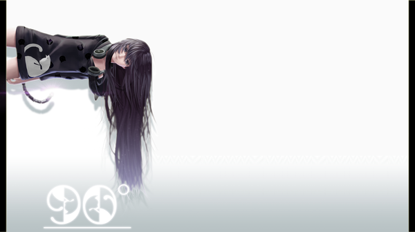 Anime picture 6240x3504 with original lepus single long hair looking at viewer fringe highres black hair wide image absurdres tail nail polish animal tail black eyes cat tail letterboxed serious bottomless girl shirt