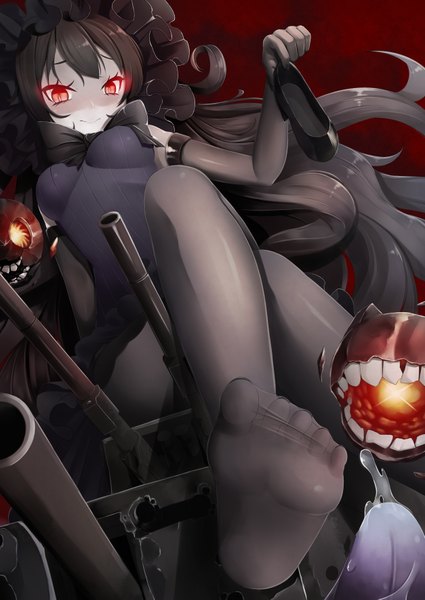 Anime picture 2507x3541 with kantai collection isolated island hime sasami tall image looking at viewer highres black hair red eyes very long hair legs shinkaisei-kan girl dress gloves weapon pantyhose elbow gloves black pantyhose monster