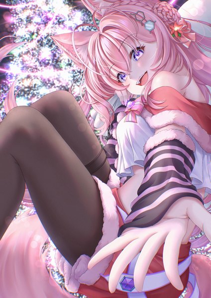 Anime picture 2480x3508 with virtual youtuber hololive hakui koyori hachi kyu shiki single long hair tall image looking at viewer blush fringe highres breasts open mouth smile hair between eyes purple eyes bare shoulders animal ears pink hair ahoge