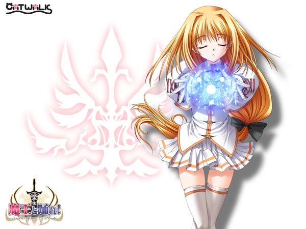 Anime picture 1600x1200 with maou to odore! philia theoricus single long hair fringe blonde hair white background eyes closed wallpaper legs magic girl thighhighs bow hair bow miniskirt white thighhighs