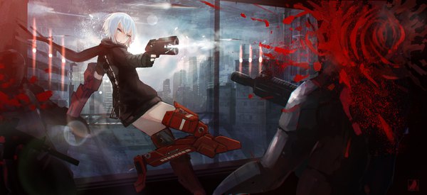 Anime picture 2400x1100 with original kasagarasu fringe highres short hair wide image holding sky full body bent knee (knees) white hair city cityscape fighting stance girl weapon window scarf gun building (buildings)