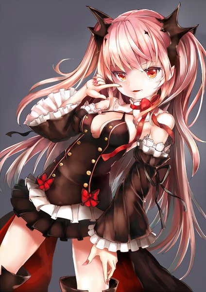 Anime picture 800x1131 with owari no seraph wit studio kururu tepes umagenzin single long hair tall image looking at viewer fringe breasts open mouth simple background red eyes standing pink hair nail polish fingernails pointy ears grey background wide sleeves