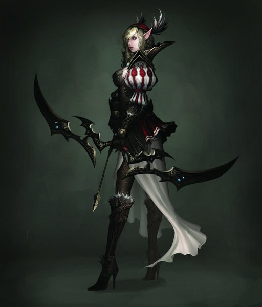 Anime picture 1366x1600 with atlantica online single long hair tall image simple background blonde hair pointy ears grey background elf girl armor bow (weapon) arrow (arrows)