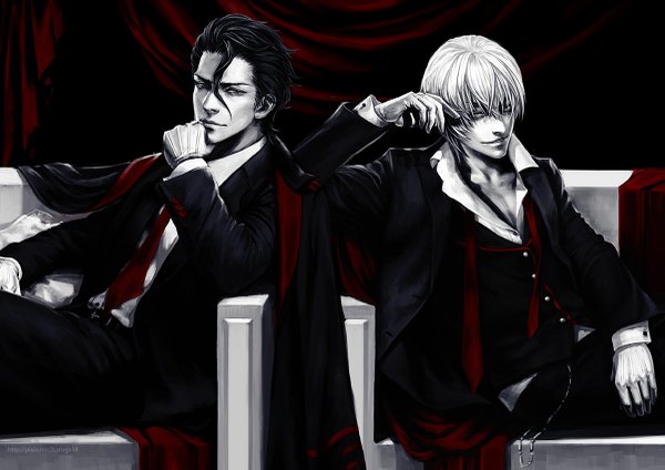 Anime picture 1200x849 with bleach studio pierrot ichimaru gin aizen sousuke sun dou short hair black hair sitting white hair black eyes arm support multiple boys grey eyes monochrome open collar boy gloves necktie 2 boys suit