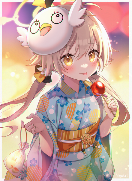 Anime picture 2679x3653 with blue archive hifumi (blue archive) peroro (blue archive) poncho (31103105) single long hair tall image looking at viewer blush highres blonde hair twintails yellow eyes traditional clothes japanese clothes low twintails border mask on head girl food
