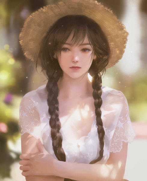 Anime picture 1669x2048 with original mandaring0 single long hair tall image fringe brown hair brown eyes looking away upper body outdoors braid (braids) lips blurry realistic depth of field twin braids girl hat straw hat
