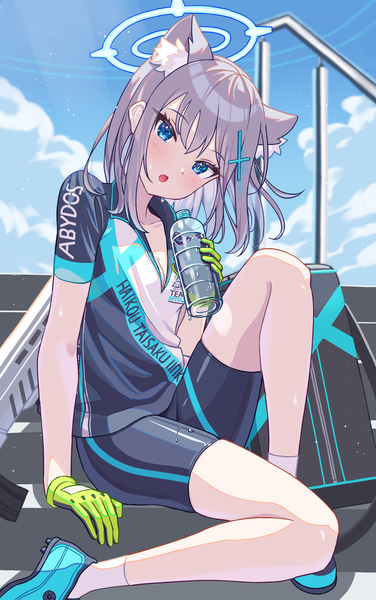 Anime-Bild 1500x2395 mit blue archive shiroko (blue archive) shiroko (cycling) (blue archive) usamaru67pi single tall image looking at viewer blush short hair open mouth blue eyes light erotic sitting animal ears sky cloud (clouds) head tilt grey hair sweat official alternate costume