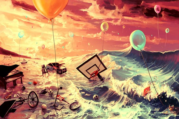 Anime picture 1095x730 with original aquasixio (artist) sky cloud (clouds) sunlight no people water sea book (books) ground vehicle musical instrument ball paper car balloon watercraft wave (waves) ship bicycle piano