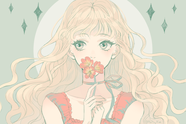 Anime picture 1051x700 with original yuari kim single long hair fringe simple background blonde hair holding signed looking away upper body sparkle grey eyes twitter username wavy hair covered mouth green background girl flower (flowers) ribbon (ribbons)