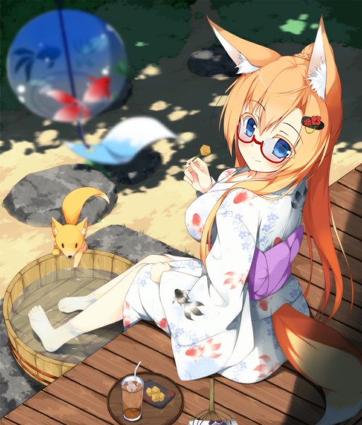 Anime picture 1000x1170 with original haru (matatabi sanjou) long hair tall image blush breasts blue eyes smile large breasts sitting holding animal ears tail traditional clothes japanese clothes animal tail looking back barefoot from above wind