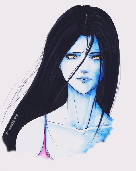 Anime picture 637x800 with overwatch blizzard entertainment widowmaker (overwatch) danykabii single long hair tall image looking at viewer black hair simple background hair between eyes bare shoulders signed yellow eyes upper body realistic inscription portrait sad traditional media