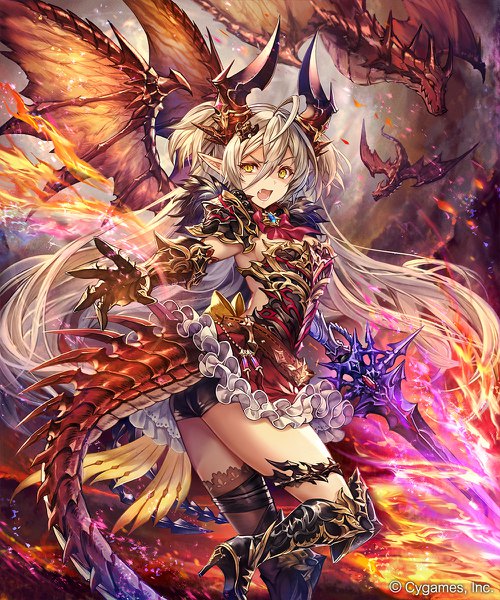 Anime picture 1000x1200 with shadowverse tagme (character) madogawa single long hair tall image looking at viewer fringe open mouth hair between eyes standing holding yellow eyes silver hair cloud (clouds) ahoge bent knee (knees) outdoors tail :d
