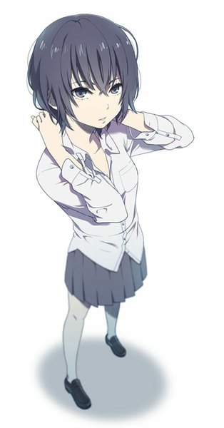 Anime picture 472x900 with original mattaku mousuke single tall image looking at viewer fringe short hair simple background standing white background parted lips pleated skirt from above shadow monochrome arm behind head open collar girl skirt uniform