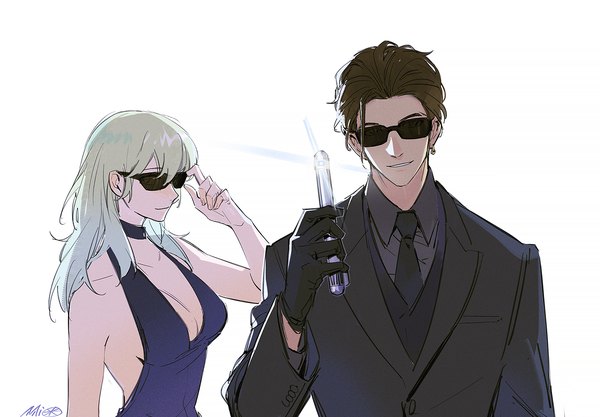 Anime picture 1500x1043 with men in black fire emblem fire emblem: three houses nintendo byleth (fire emblem) byleth (female) (fire emblem) claude von riegan enlightened byleth (female) alzi xiaomi long hair looking at viewer fringe short hair breasts simple background smile hair between eyes brown hair white background bare shoulders