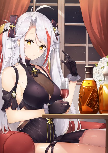 Anime picture 778x1100 with azur lane prinz eugen (azur lane) prinz eugen (cordial cornflower) (azur lane) gemini (feng) single long hair tall image looking at viewer blush fringe breasts light erotic hair between eyes large breasts sitting holding yellow eyes payot silver hair ahoge