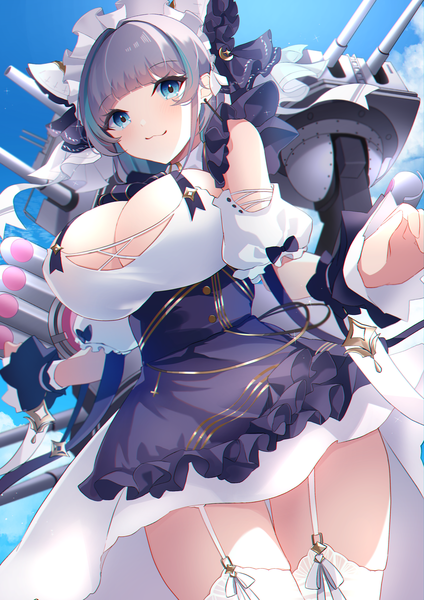Anime picture 2888x4087 with azur lane cheshire (azur lane) yamaha tsui single tall image looking at viewer blush fringe highres short hair light erotic smile standing payot sky cloud (clouds) blunt bangs multicolored hair aqua eyes grey hair