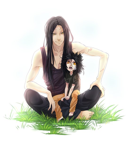 Anime picture 1024x1079 with nisesk long hair tall image looking at viewer open mouth black hair simple background smile sitting yellow eyes barefoot looking down scar bandaid on face boy plant (plants) pants grass bandaid child (children)