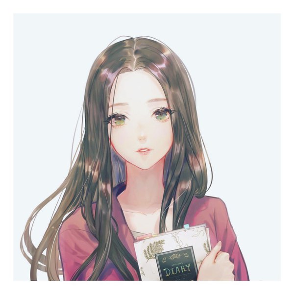 Anime picture 819x819 with original say hana single long hair looking at viewer blush fringe simple background hair between eyes brown hair holding green eyes upper body parted lips fingernails lips lipstick text border portrait