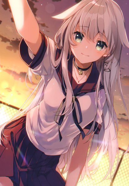 Anime picture 2384x3426 with original anceril sacred mishima kurone single long hair tall image looking at viewer blush fringe highres smile hair between eyes standing green eyes sky silver hair cloud (clouds) outdoors pleated skirt sunlight