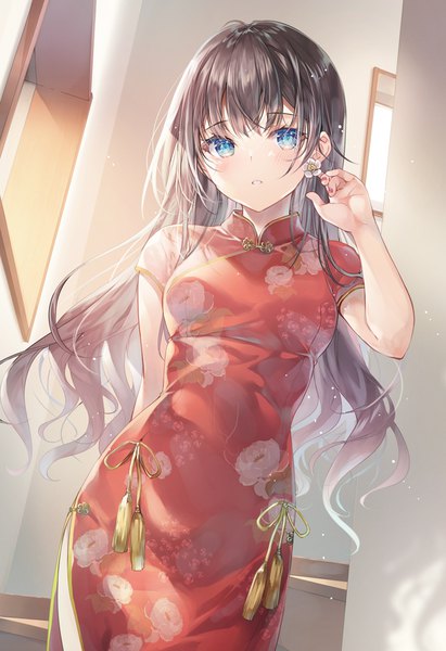 Anime picture 891x1300 with original miwabe sakura single long hair tall image looking at viewer blush fringe blue eyes hair between eyes brown hair standing payot indoors nail polish traditional clothes parted lips short sleeves floating hair floral print