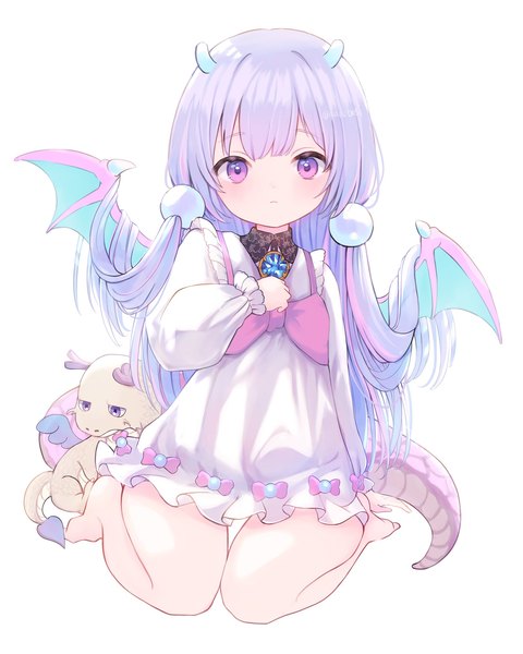 Anime picture 1600x2000 with original marekamico single long hair tall image looking at viewer simple background white background sitting purple eyes purple hair tail horn (horns) bare legs loli wariza fantasy cute dragon girl dragon tail