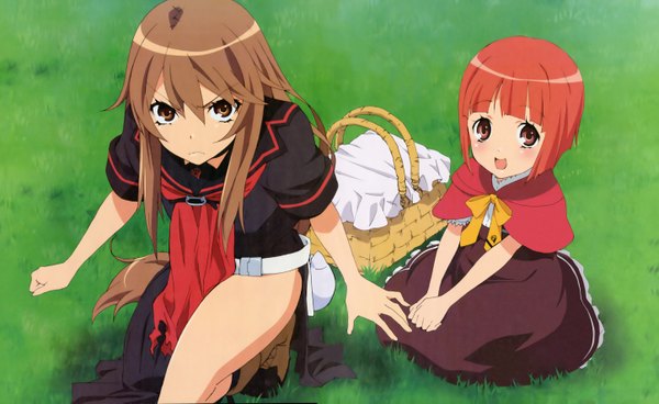 Anime picture 5779x3553 with ookami-san to shichinin no nakama-tachi j.c. staff megami magazine ookami ryouko akai ringo highres brown hair wide image multiple girls brown eyes absurdres red hair official art girl 2 girls