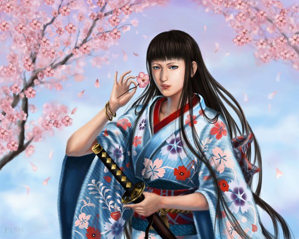 Anime picture 1500x1200 with xblade (manga) mana (xblade) ni6htmare01 single long hair blue eyes black hair sky cloud (clouds) japanese clothes lips realistic cherry blossoms girl flower (flowers) weapon plant (plants) petals sword tree (trees)