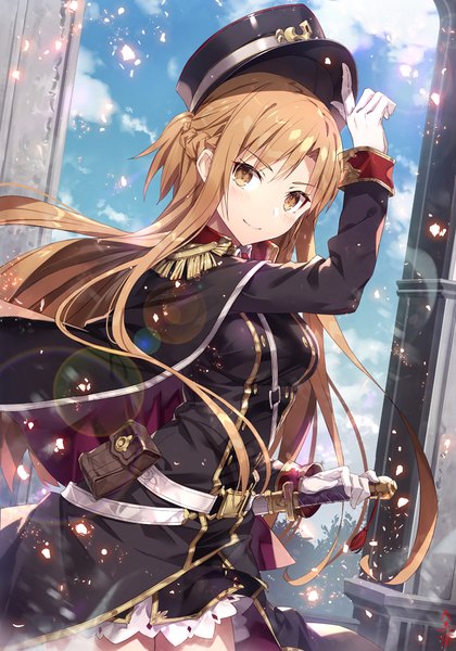 Anime-Bild 700x1000 mit sword art online a-1 pictures yuuki asuna gabiran single long hair tall image looking at viewer blush fringe smile brown hair standing brown eyes signed payot sky cloud (clouds) outdoors half updo