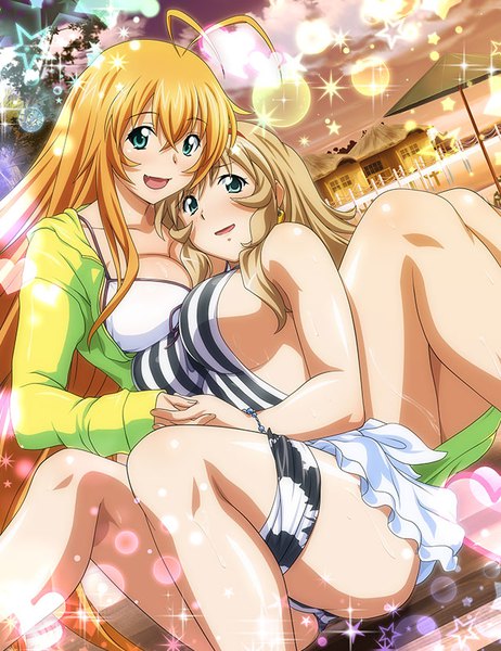 Anime picture 640x830 with ikkitousen sonsaku hakufu sonken chuubou long hair tall image looking at viewer breasts open mouth light erotic blonde hair sitting multiple girls green eyes cleavage ahoge sparkle sideboob underboob reclining girl