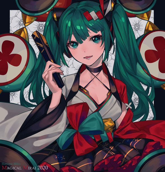 Anime picture 1385x1443 with vocaloid magical mirai (vocaloid) hatsune miku magical mirai miku magical mirai miku (2020 summer) kaikaikai single long hair tall image looking at viewer fringe twintails green eyes upper body green hair character names symbol-shaped pupils + + 2020 hair ornament