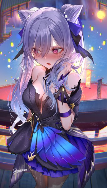Anime picture 4000x7000 with genshin impact keqing (genshin impact) keqing (opulent splendor) (genshin impact) pottsness single long hair tall image blush fringe highres breasts open mouth hair between eyes large breasts purple eyes twintails signed looking away absurdres cleavage