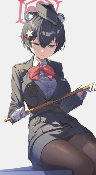 Anime picture 1271x2305 with blue archive tsubaki (blue archive) tsubaki (guide) (blue archive) reulem single tall image looking at viewer fringe short hair black hair simple background hair between eyes sitting animal ears grey background grey eyes official alternate costume shaded face girl gloves