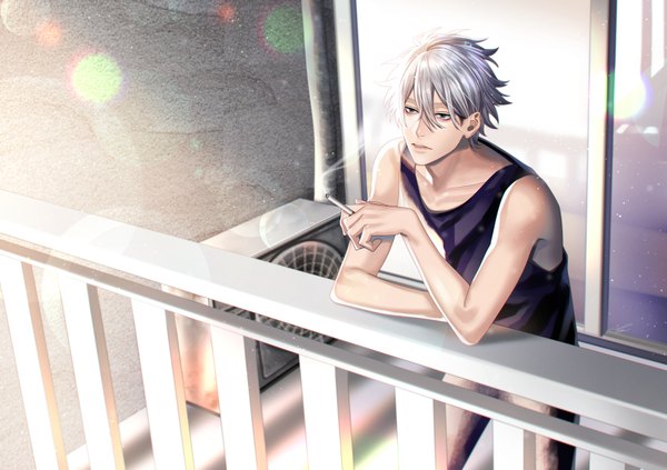 Anime picture 842x595 with original kurayoshi samu (sum) single fringe short hair hair between eyes standing bare shoulders holding looking away silver hair parted lips sunlight grey eyes lens flare smoke boy cigarette tank top balcony