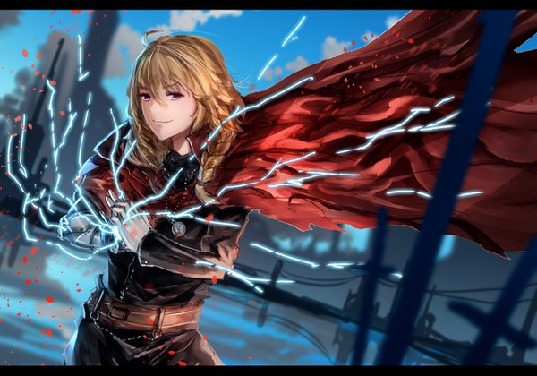 イラスト 1250x875 と rwby 鋼の錬金術師 ボンズ rooster teeth エドワード・エルリック yang xiao long anonamos701 ソロ 長髪 カメラ目線 前髪 金髪 笑顔 hair between eyes 空 cloud (clouds) upper body アホ毛 三つ編み ピンク目