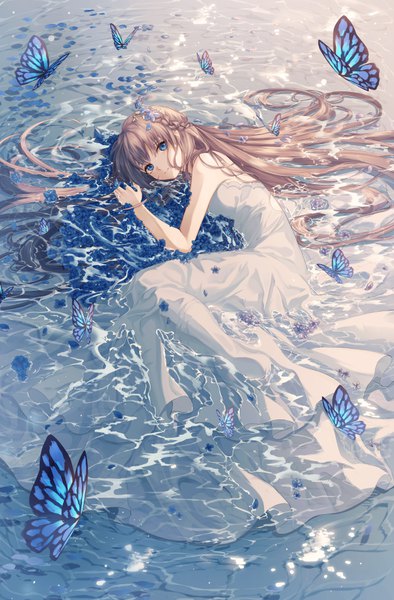 Anime picture 5000x7608 with original arahe single tall image looking at viewer fringe highres blue eyes brown hair bare shoulders absurdres full body lying braid (braids) hair flower from above sunlight wet partially submerged on side